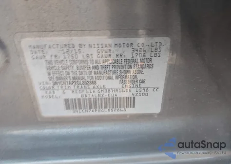 2016 Nissan Versa 1.6 S/1.6 S+/1.6 Sl/1.6 Sv from USA, damaged, VIN 3N1CN7AP2GL852868